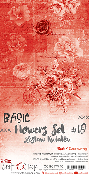 1/3 Набора бумаги с элементами для вырезания BASIC FLOWERS - SET 10 RED 15,5x30,5cm, 250 гр./кв.м, 6 л, от Craft O'Clock