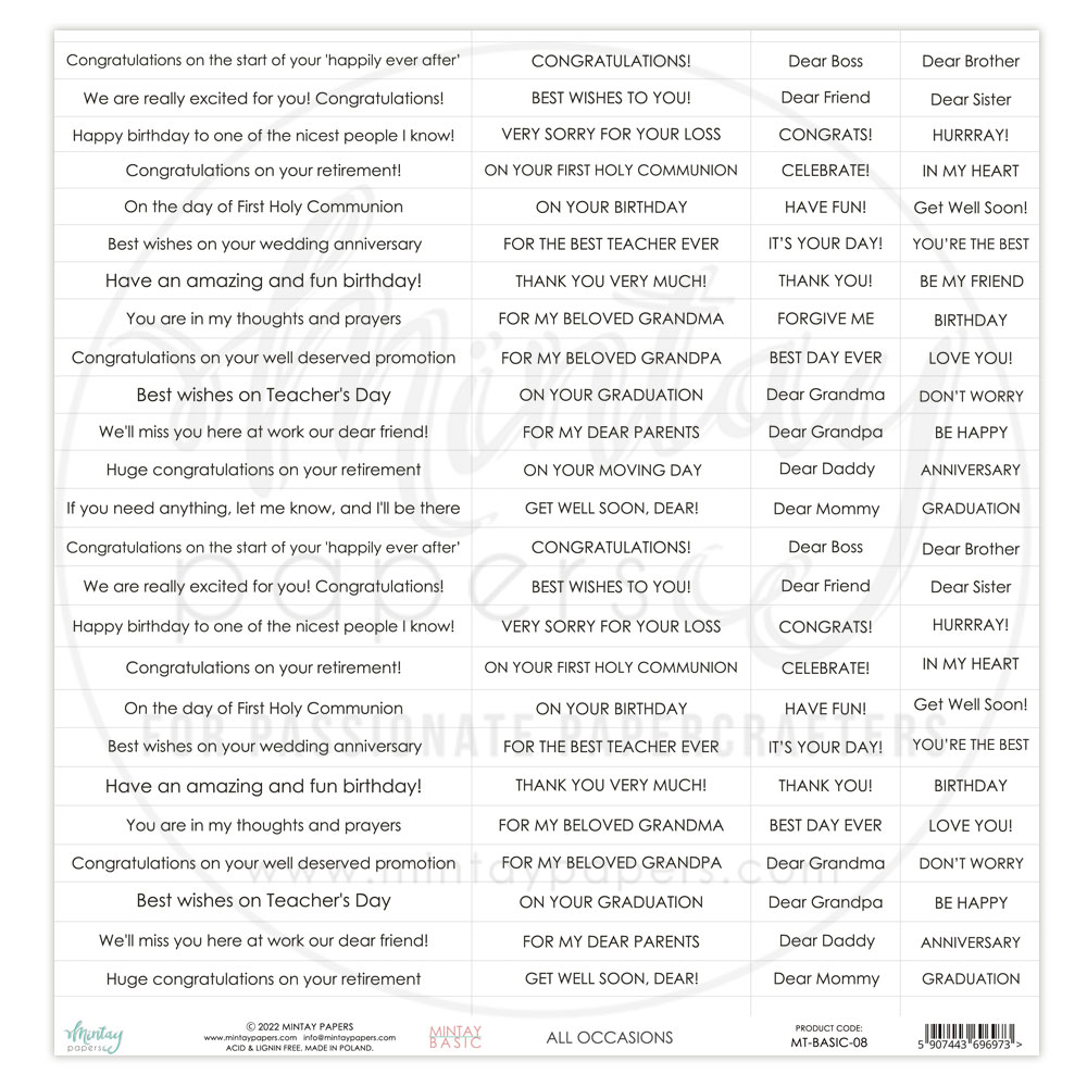 Лист с фразами для вырезания All Occasions ENGLISH, MT-BASIC-08, 30,5х30,5см, 240 г/м от Mintay paper