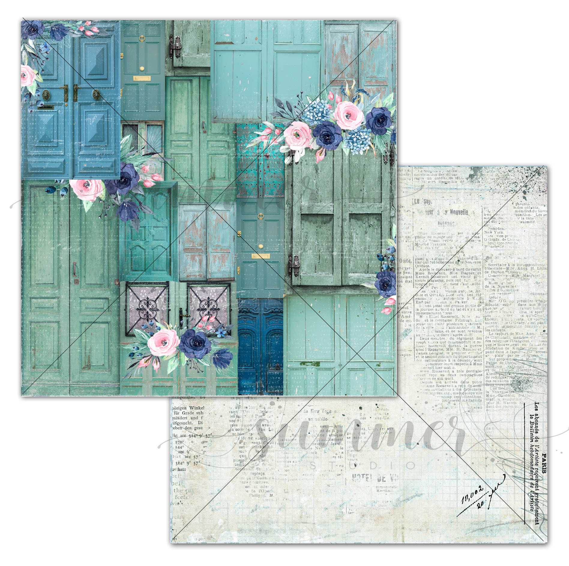 Лист двусторонней бумаги "Blooming doors" 30,5х30,5 см (190 г/м), коллекция "Blue outside", от Summer Studio