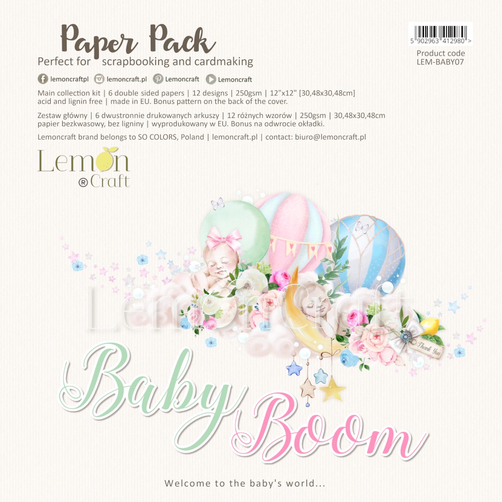 Baby Boom - Набор двусторонней бумаги - от Lemoncraft, 30,5х30,5 см, 6 листов + бонус, 250 г/кв.м