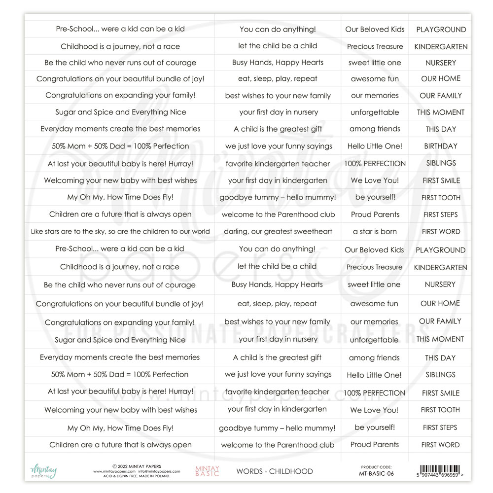 Лист с фразами для вырезания Childhood ENGLISH, MT-BASIC-06, 30,5х30,5см, 240 г/м от Mintay paper