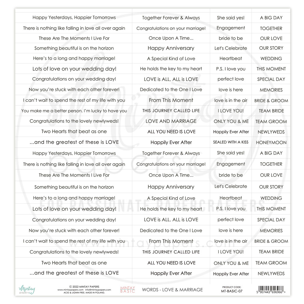 Лист с фразами для вырезания Love & Marriage ENGLISH, MT-BASIC-07, 30,5х30,5см, 240 г/м от Mintay paper