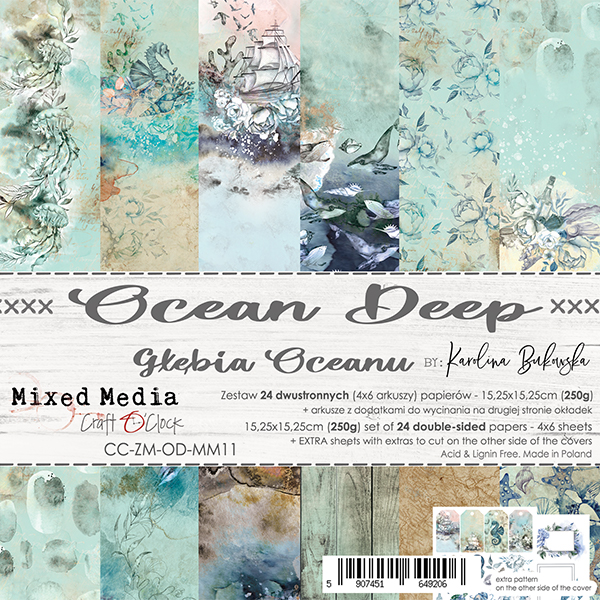 1/4 Набора двусторонней бумаги OCEAN  DEEP, 15,25х15,25 cm, 190 гр./кв.м, 6 л. (6л.х1) , от Craft O'Clock
