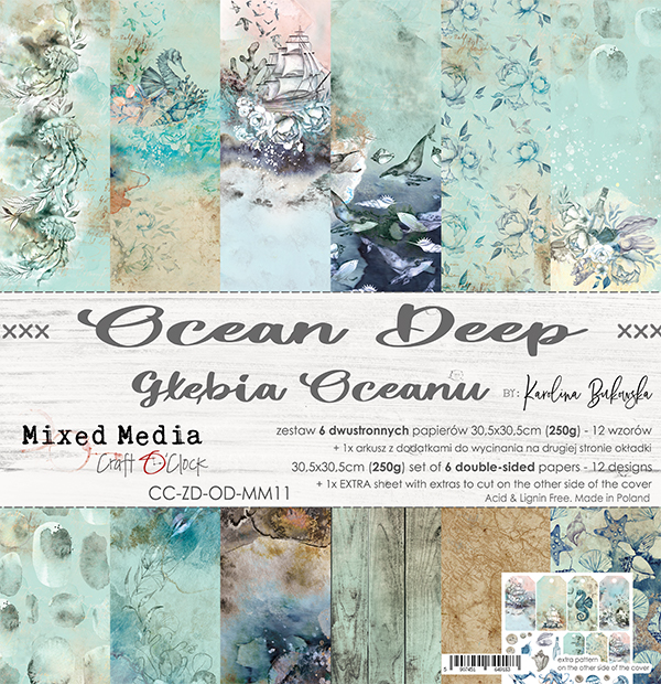 Набор двусторонней бумаги OCEAN  DEEP 30,5x30,5cm, 250 гр/кв.м, 6 л.+ бонус, от Craft O'Clock