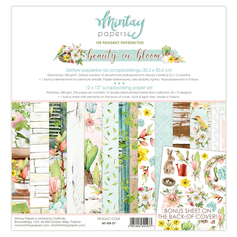 Набор двусторонней бумаги "Beauty In Bloom", 12 листов 30,5х30,5 см, 240 г/м, от Mintay Papers