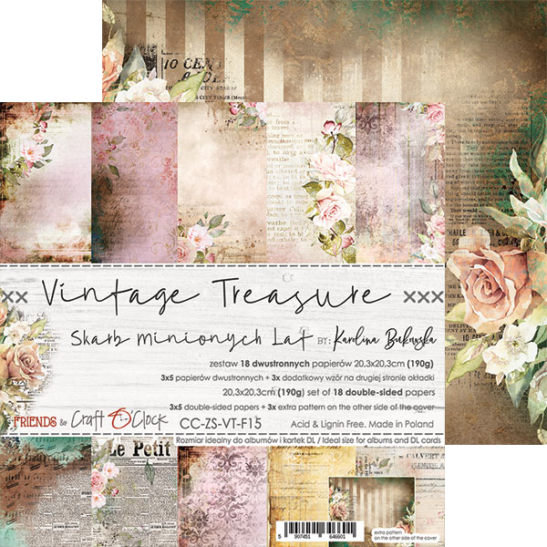 1/3 набора двусторонней бумаги VINTAGE TREASURE, 20,3x20,3cm, 190 гр./кв.м, 5 листов + бонус., от Craft O'Clock