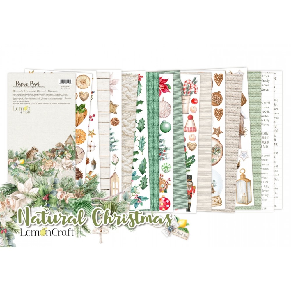 Набор двусторонней бумаги для вырезания Natural Christmas - от Lemoncraft, 15,24x30,5 см, 24 листа (8 л х 3) + бонус, 250 гр/кв.м
