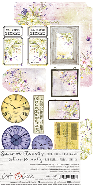 1/2 Набора бумаги с элементами для вырезания Junk Journal SUMMER FLOWERS 15,5x30,5cm, 250 гр./кв.м, 6 л. (6х1), от Craft O'Clock