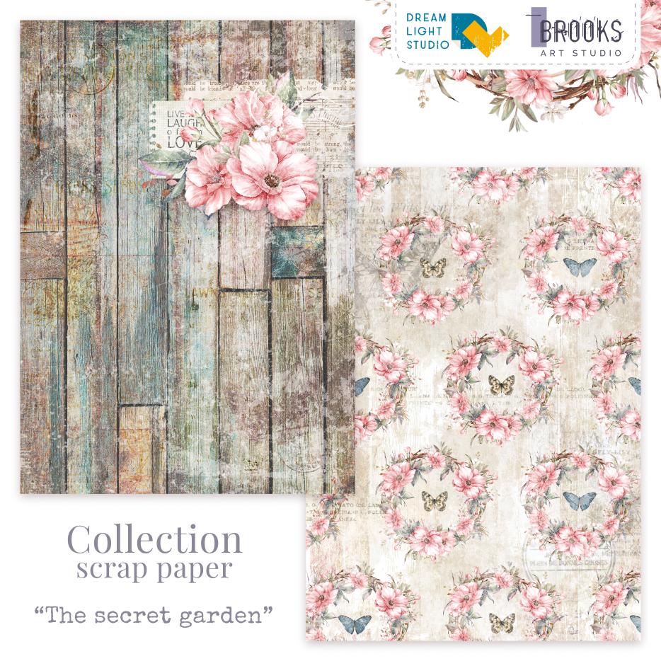 Лист двусторонней бумаги DB0006-01 из коллекции "The secret garden", A4, пл. 250 г/м, от DreamLight Studio