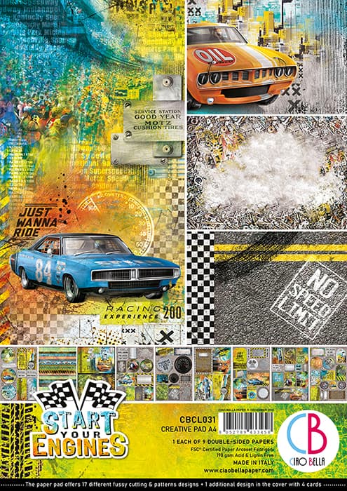 Набор двусторонней бумаги Start your Engines, Creative Pad A4, 8 л. + бонус от Ciao Bella