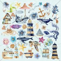 10 шт! Лист элементами для вырезания У синего моря 30,5х30,5 см (190 г/м), коллекция У синего моря, от Summer Studio (Саммер Студио)