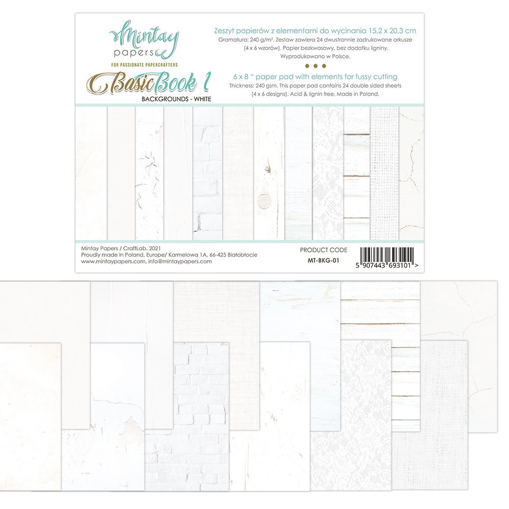 Фоновый набор двусторонней бумаги "BASIC BOOK 1 ", 15,2х20,3 см, 240 г/м, 24 двухсторонних листа (6 дизайнов х 4 шт) + 2 бонусных листа, от Mintay Papers