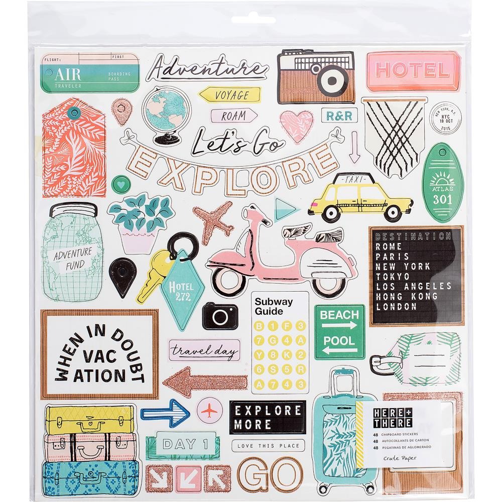 Чипборд с фольгированием Here & There Chipboard Stickers от Crate Paper, 30,5 х 30,5 см