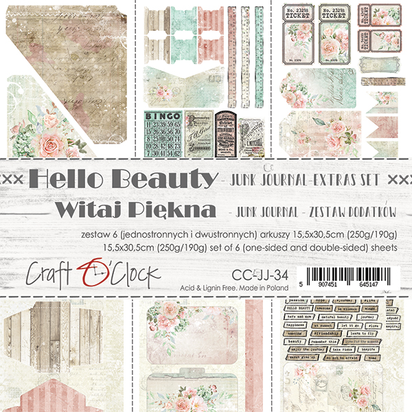 Набор бумаги с элементами для вырезания Junk Journal HELLO BEAUTY 15,5x30,5cm, 250/190 гр/кв.м, 6 л, от Craft O'Clock