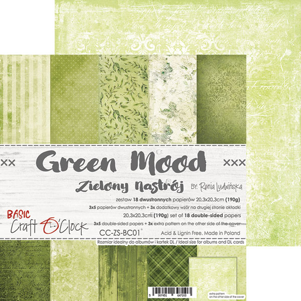 1/3 набора двусторонней бумаги GREEN MOOD 20,3x20,3 см, 190 гр, 5 л.+ бонус, от Craft O'Clock