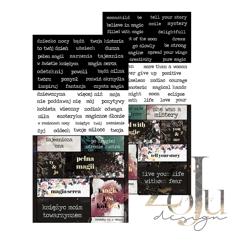 Лист двусторонней бумаги с элементами для вырезания к коллекции "ECLIPSE", 15,5 х 30,5 см, польские и английские надписи,  190 г/м2, от ZoJu Design