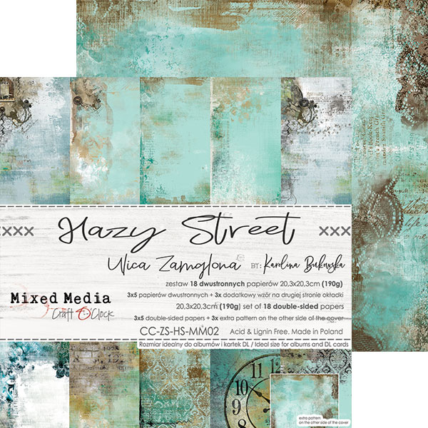 1/3 набора двусторонней бумаги HAZY STREET, 20,3x20,3cm, 190 гр./кв.м, 5 листов + бонус, от Craft O'Clock