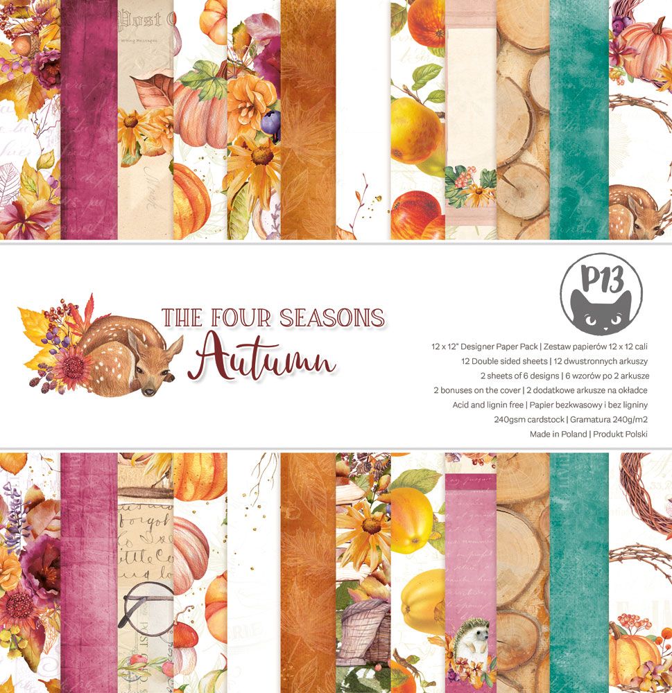 Набор двусторонней бумаги The Four Seasons - Autumn от P13, 30х30 см, 12 листов + 2 бонусных, 240 г/м