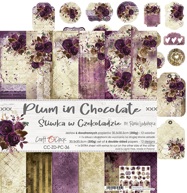 Набор двусторонней бумаги PLUM IN CHOCOLATE 30,5x30,5cm, 250 гр/кв.м, 6 л.+ бонус, от Craft O'Clock