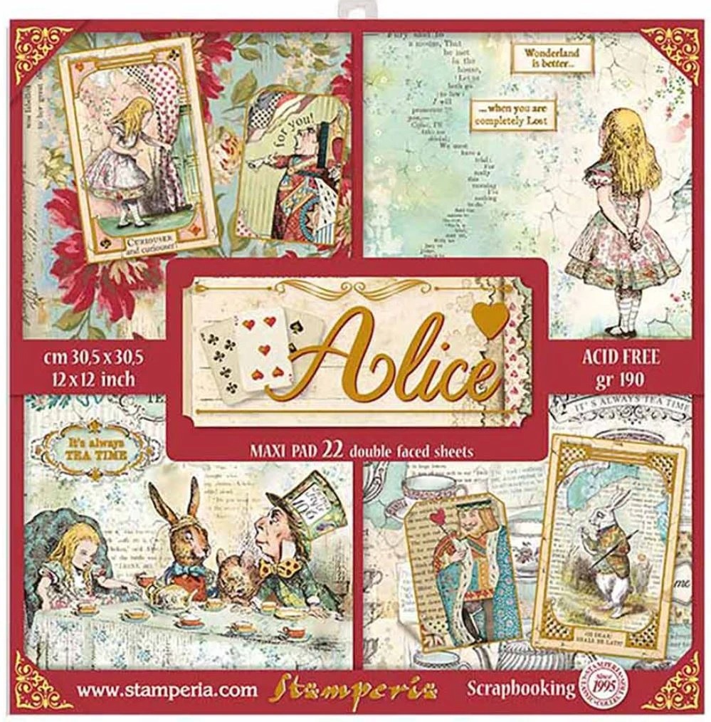 Набор ОДНОСТОРОННЕЙ бумаги с фольгированием  "ALICE GOLD" от Stamperia, 22 листа 30,5x30,5