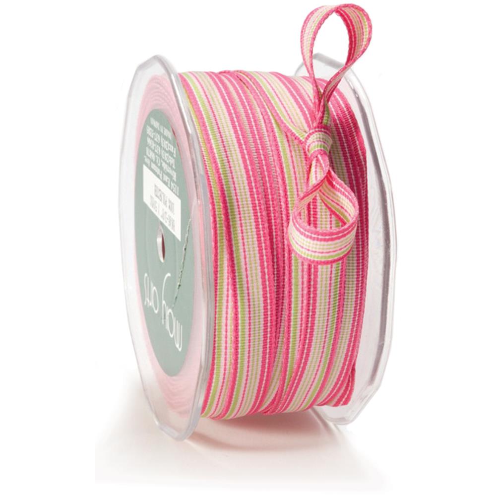 Лента May Arts Striped Grosgrain Ribbon Pink, Green & White, Ширина 1 см, 1 ярд