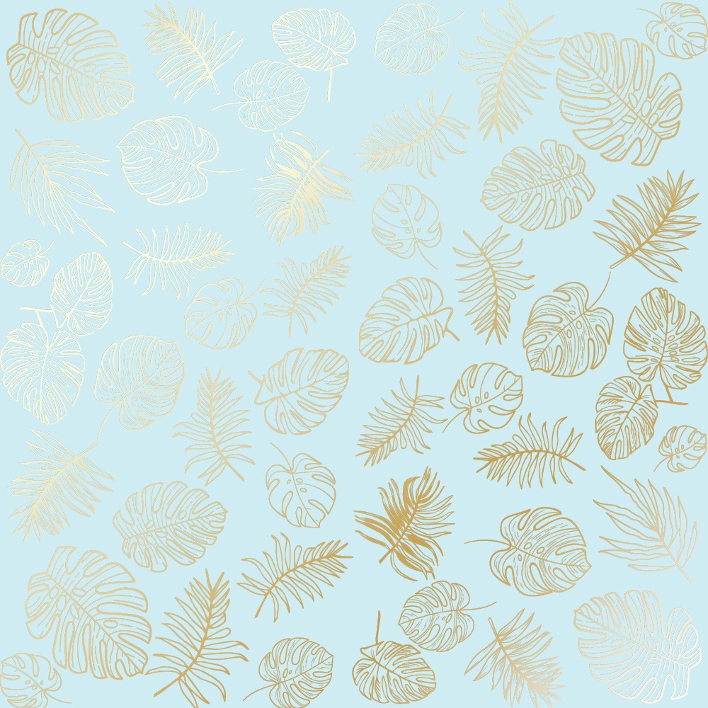 Лист односторонней бумаги с фольгированием Golden Tropical Leaves Blue от Фабрика Декору, 30,5 х 30,5 см