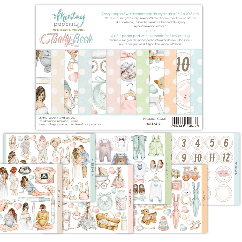 1/4 набора элементов для вырезания Baby Book,  15,2х20,3 см, 240 г/м, 6 двухсторонних листов (6 дизайнов), от Mintay Papers