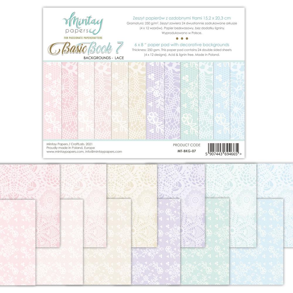 1/4 фонового набора двусторонней бумаги "Basic Book 7" Backgrounds - Lace 15,2х20,3 см, 240 г/м, 6 двухсторонних листов (6 дизайнов), от Mintay Papers