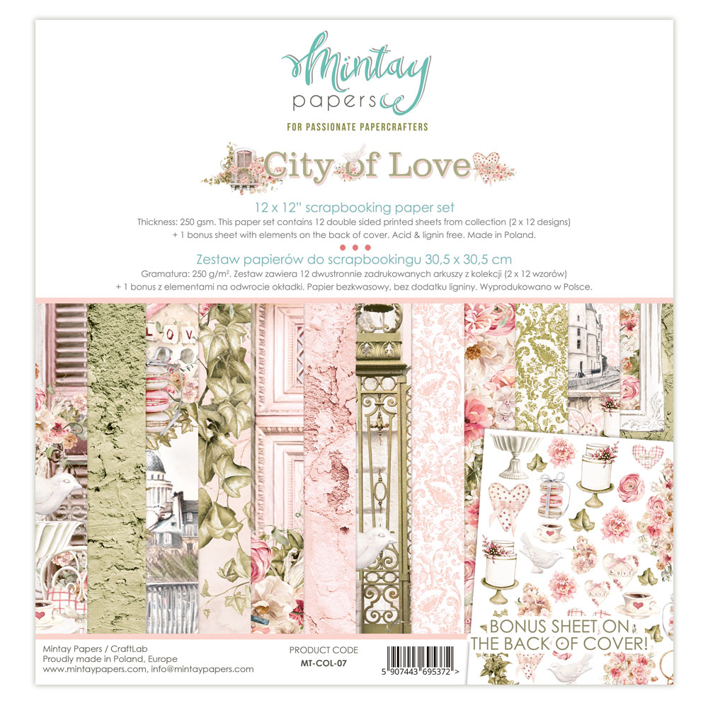 Набор двусторонней бумаги "City of Love", 12 листов 30,5х30,5 см, 240 г/м, от Mintay Papers