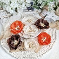 Тканевые цветы Жемчужные, шоколадный, оранжевый, беж, от FERD - FLOWERS