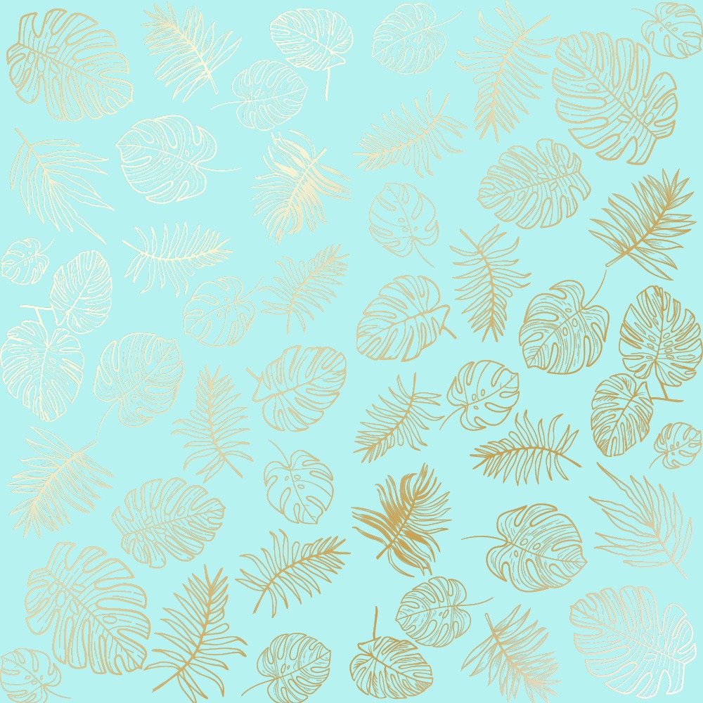 Лист односторонней бумаги с фольгированием Golden Tropical Leaves Turquoise от Фабрика Декору, 30,5 х 30,5 см