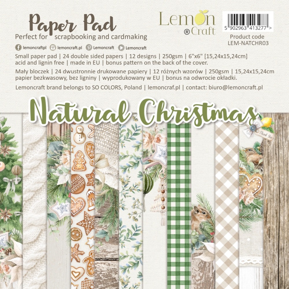 1/4 Набора двусторонней бумаги NATURAL CHRISTMAS от Lemoncraft, 15x15 см, 6 листов, плотность 250 гр/м2