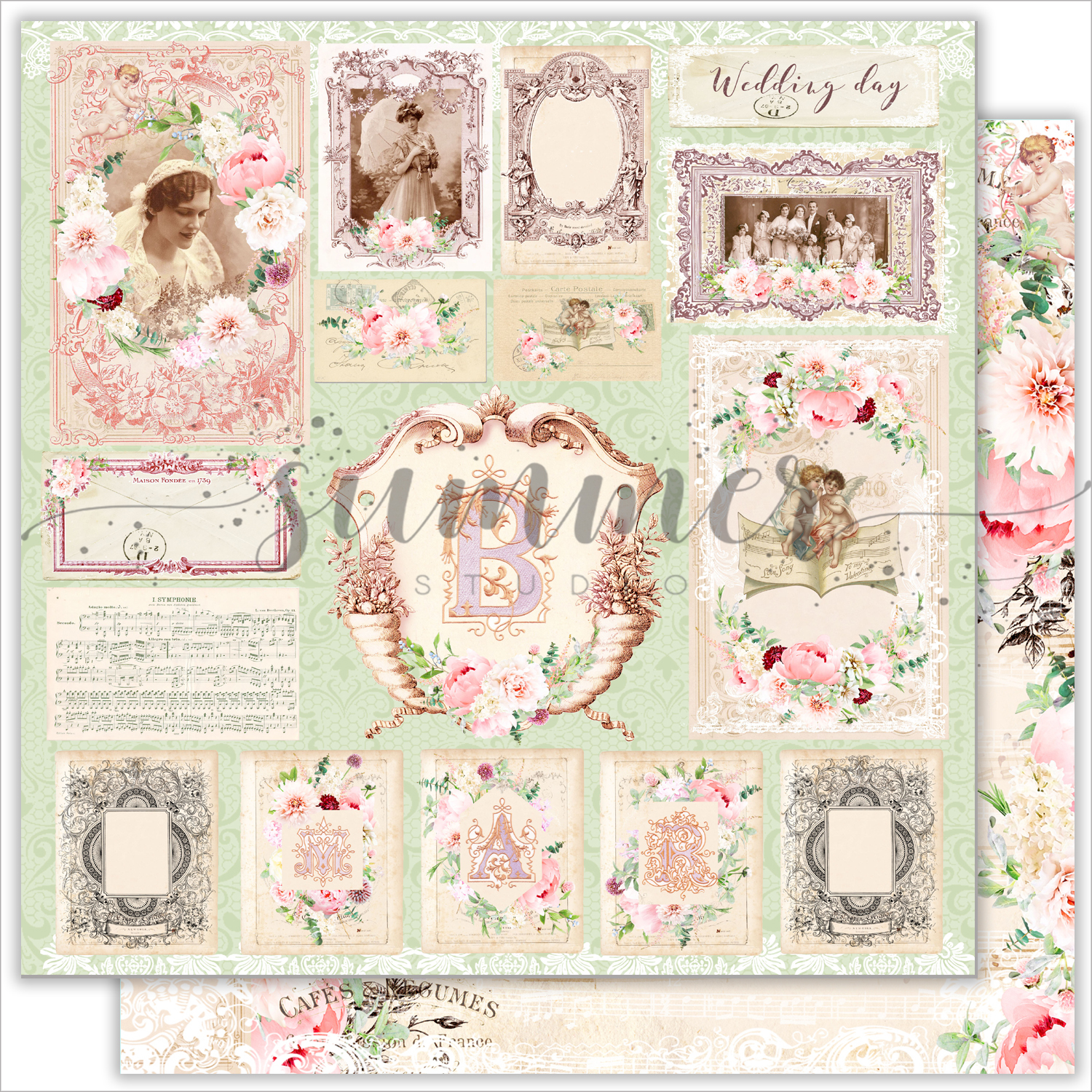 Лист двусторонней бумаги "Wedding cards" 30,5х30,5 см (190 г/м), коллекция "Vintage wedding", от Summer Studio