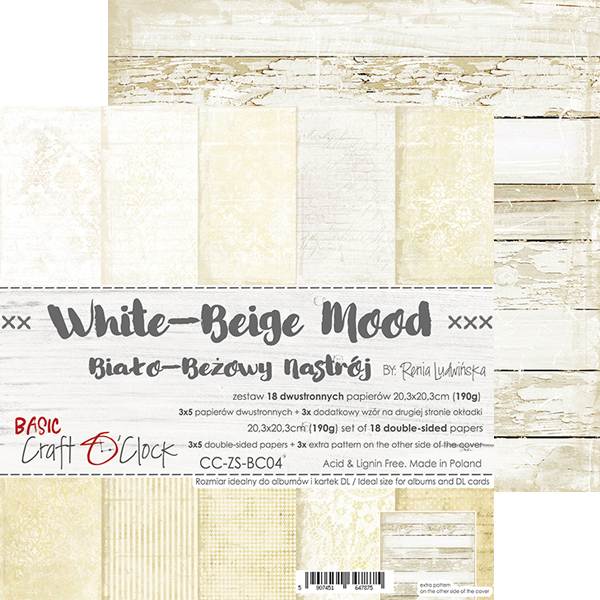 1/3 набора двусторонней бумаги WHITE-BEIGE MOOD 20,3x20,3 см, 190 гр, 5 л.+ бонус, от Craft O'Clock