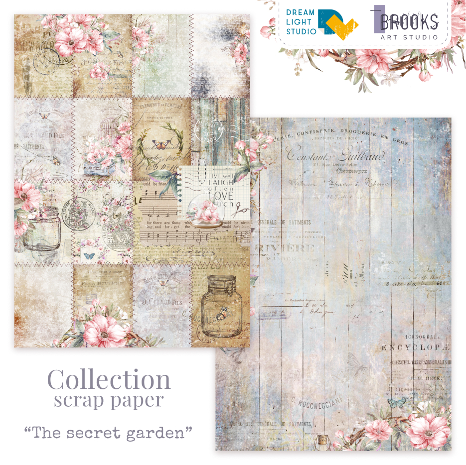 Лист двусторонней бумаги DB0006-05 из коллекции "The secret garden", A4, пл. 250 г/м, от DreamLight Studio