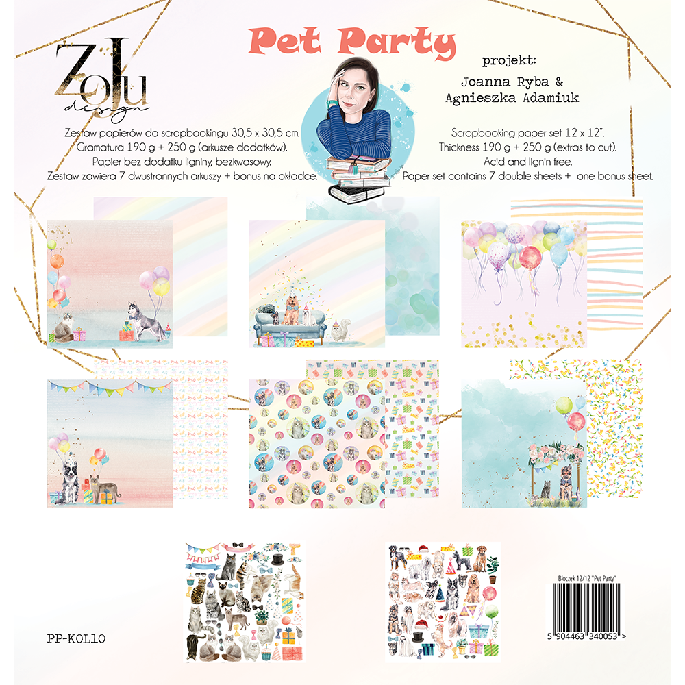 Набор двусторонней бумаги "PET PARTY" 30 х30 см, 7 листов + бонус, 190 г/м2, от ZoJu Design