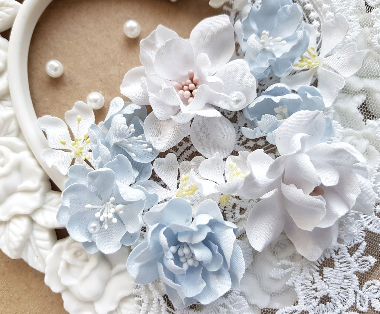 Цветы тканевые "Базовый набор", белый+голубой, 12 шт, от Анастасии Тобольской
