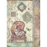 Бронь. Товары в пути! Рисовая бумага ALICE ON THE CHAIR к коллекции ALICE  FOREVER А4 от Stamperia, DFSA4765