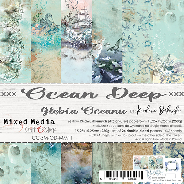 1/4 Набора двусторонней бумаги OCEAN  DEEP, 15,25х15,25 cm, 190 гр./кв.м, 6 л. (6л.х1) , от Craft O'Clock