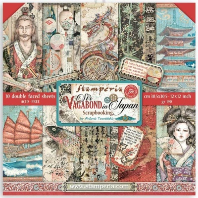 Набор двусторонней бумаги "Sir Vagabond in Japan" от Stamperia, 10 листов 15,2x15,2