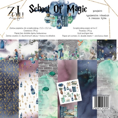 Набор двусторонней бумаги "SCHOOL OF MAGIC" 15 х15 см, 21 лист + бонус, 190 г/м2, от ZoJu Design