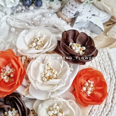 Тканевые цветы Жемчужные, шоколадный, оранжевый, беж, от FERD - FLOWERS